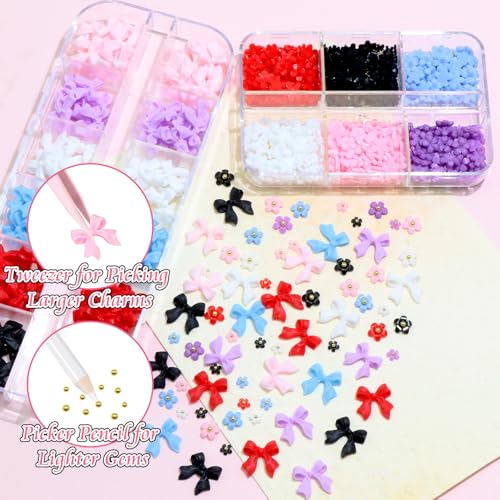 BELICEY 2 Boxes 3D Nail Charms Set with Bow Flowers, Colorful Acrylic Nail Art Supplies - Variation 03, 6 Colors