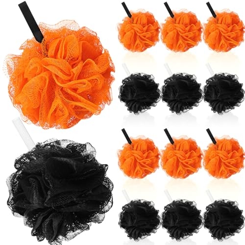 FuWeave 12-Pack Halloween Black and Orange Bath Loofah Sponges - Exfoliating Shower Scrubbers