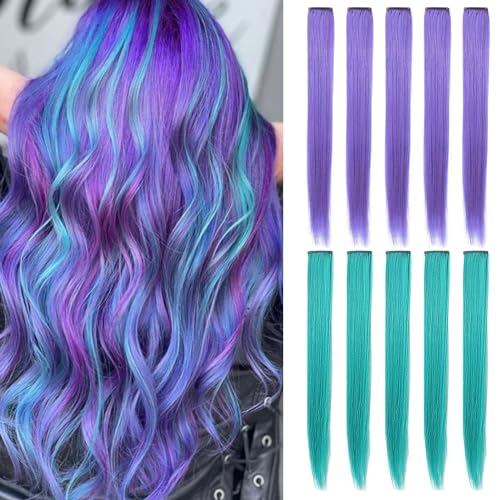 SARARHY 10 Pcs Clip-in Colored Hair Extensions 20 Inches Lavender Teal