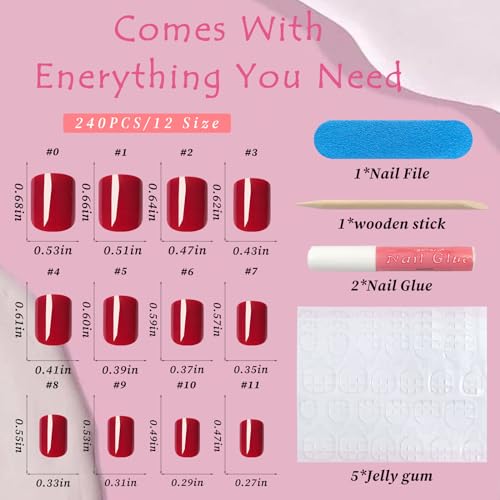 Bellelfin Short Red Square Press-On Nails Kit 120Pcs with Glue & Tools
