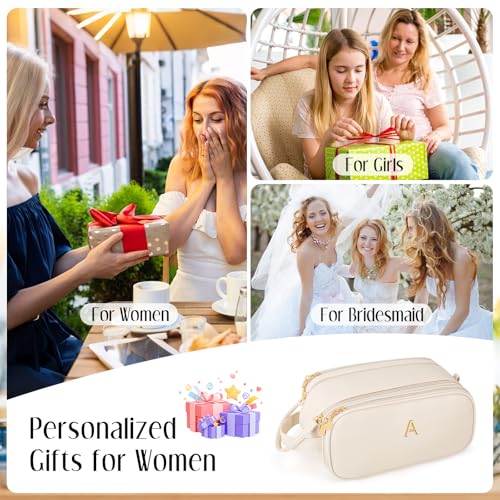 Personalized Beige Makeup Bag with Initial - Travel Toiletry Organizer