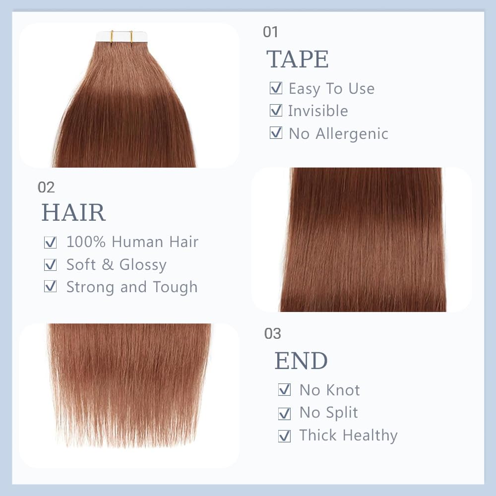 14 Inch #33 Reddish Brown Tape in Extensions Human Hair Copper Straight Tape ins Hair Extensions Auburn Brown Hair Skin Weft Remy Hair 40g 10Pcs.