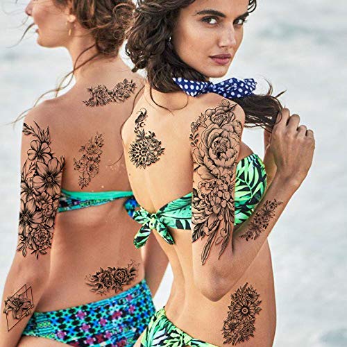 Yazhiji Lotus Chrysanthemum Large Temporary Tattoos - 40 Sheets, Waterproof