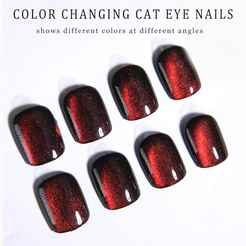 MAOTTIE Yellow Discoloration Cat Eye Short Press-On Nails 24pcs, 12 Sizes, Glue-On Reusable UV Finish