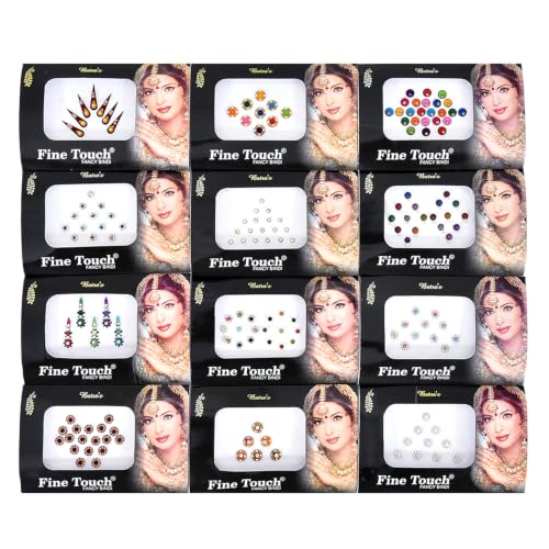 Fine Touch 6 Packs Multicolored Long & Small Face Jewels Forehead Tika - Mix & Match