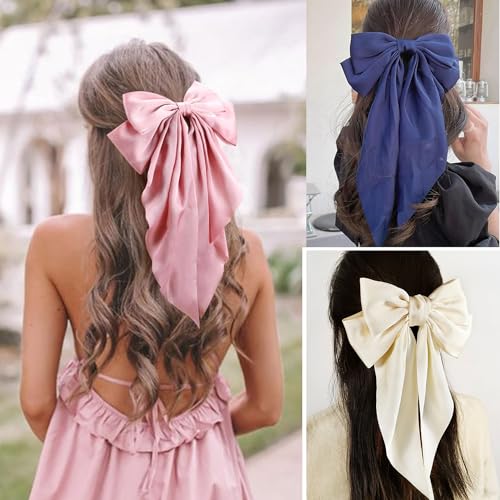 Brown Satin Hair Bows for Women & Girls - Oversized Ribbon Clips 6pcs