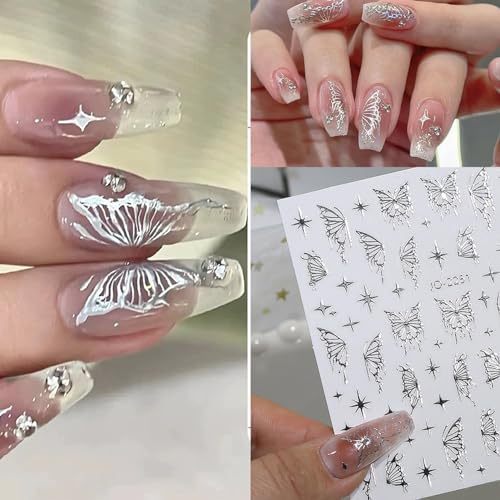 7 Sheets Metallic Silver Nail Stickers – 3D Star & Butterfly Designs