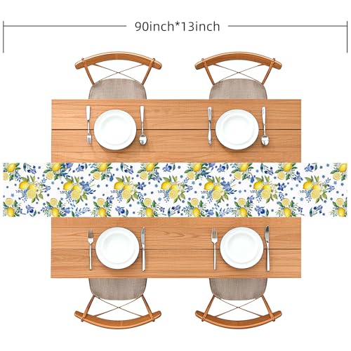 Lemon & Blue Floral Table Runner - 90 x 13 Inch Linen Fabric