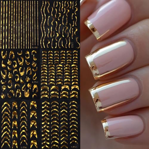 Gold French Tip Nail Art Stickers - Wavy Stripe Decals for Manicure, 6 Sheets