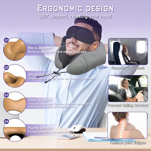 Premium Memory Foam Travel Neck Pillow with Eyemask - Adjustable Ergonomic Support