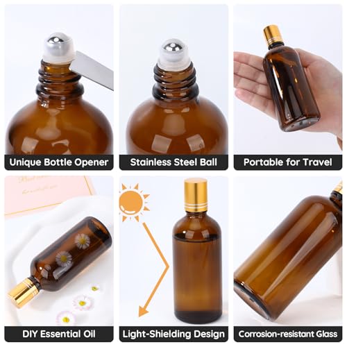 Segbeauty Amber Gold Glass Roller Bottles 3.4oz/100ml - 5 Pack for Essential Oils & Perfume