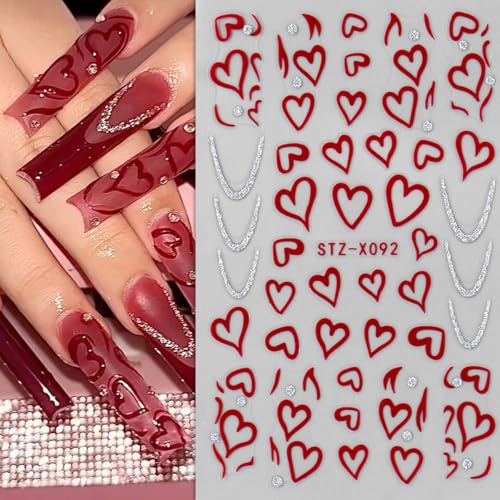 TANYOOTO Valentine's Day Heart Nail Stickers - 6 Sheets, Pink Red Burgundy, Valentine's Style-05