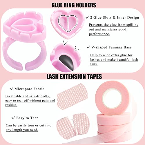 Pink 554 pcs Eyelash Extension Supplies Kit with Gel Pads, Tapes, Glue Rings