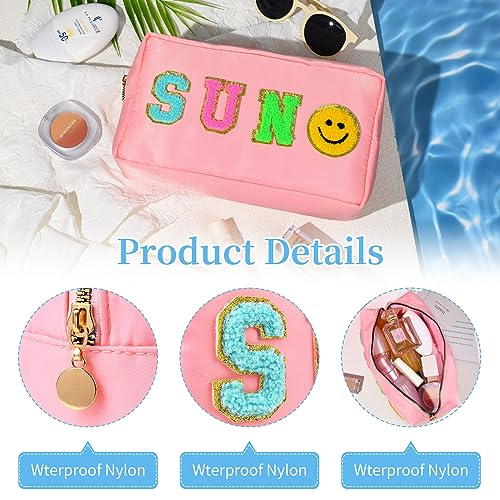 SOIDRAM Small Sun Pink Makeup Bag with Chenille Letter Patches - Travel Cosmetic Organizer for Women