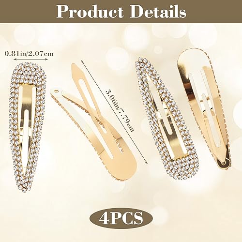 Hinzic 4Pcs Water Drop Rhinestone Snap Hair Clips Gold - No Slip Barrettes for Women & Girls