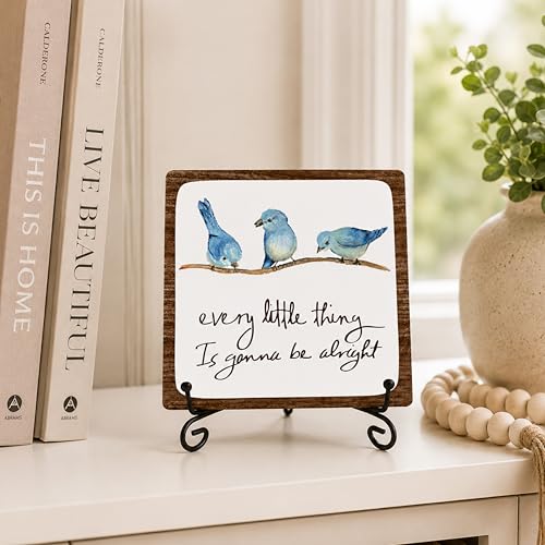 Every Little Thing Is Gonna Be Alright Wooden Plaque Decor - 5x5 Inch Bird Sign with Metal Support