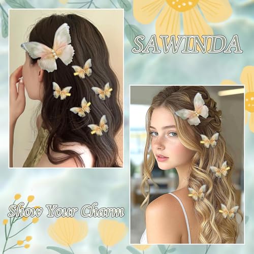 SAWINDA Gold Butterfly Hair Clips Set – 8pcs Tulle Rhinestone Hair Barrettes for Girls & Women, Moving Wings, Fairy Accessories