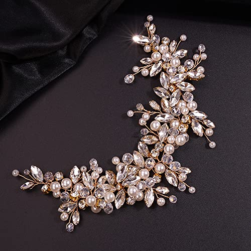 Gold Bridal Rhinestone Pearl Flower Headband for Wedding Hair