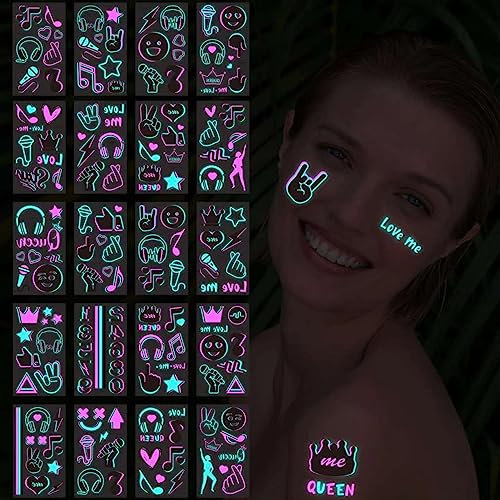 Music Festival Glow in the Dark Tattoos - 20 Sheets with 160 Designs