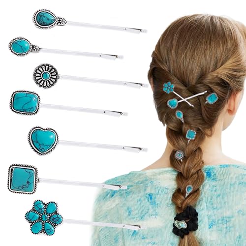 7-Pack Turquoise Retro Hair Clips for Women & Girls - Vintage Metal Barrettes
