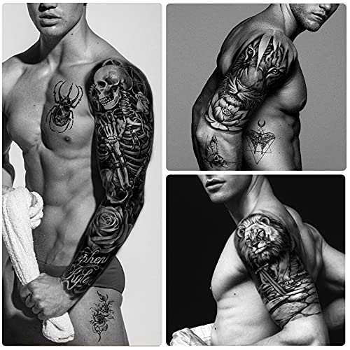 Yazhiji 46 Sheets Skull Temporary Tattoos for Men & Women - Waterproof Full Arm & Half Arm Designs