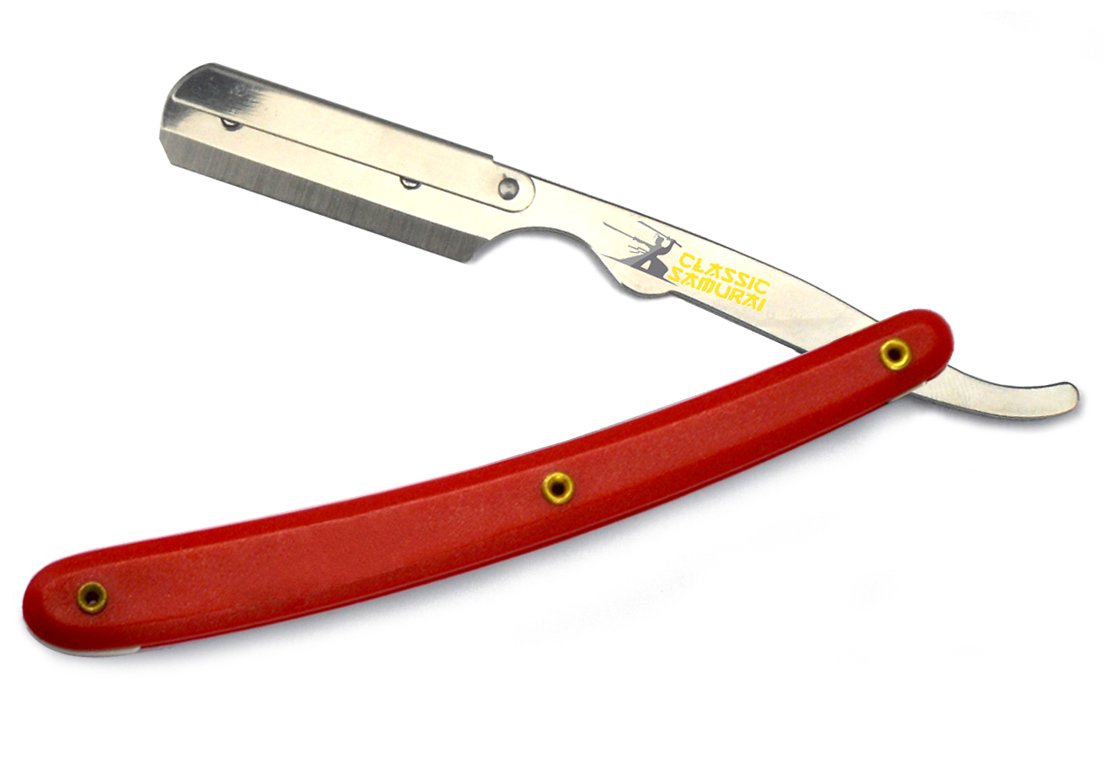 Classic Samurai Stainless Steel Professional Barber Folding Straight Edge Razor Shavette Men's Shaving Kit with 200 Count Lord Single Razor Blades (Red)