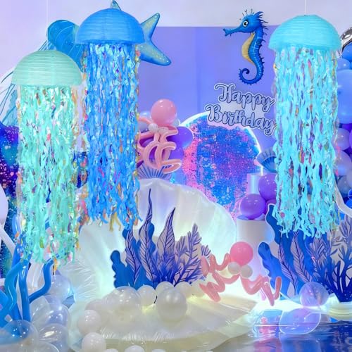 Set of 6 Blue Jellyfish Paper Lanterns - Ocean Theme Decor