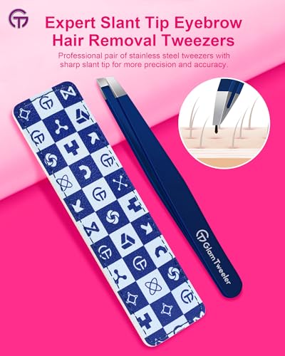 GlamTweeler Navy Blue Slant Tip Tweezers with Leather Case