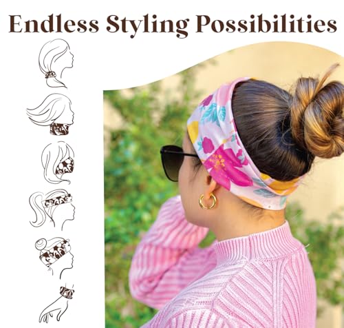 Karma Pink Flower Print Fabric Headband - Versatile Stretchy Hair Scarf
