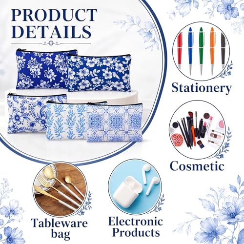 Meanplan Blue White Floral Canvas Makeup Bags Bulk, 24 Pouches - Chinoiserie Style