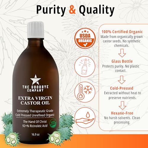 GoodBye Company USDA Organic Cold-Pressed Castor Oil, 16.9 oz Amber Glass Bottle, Hexane-Free, Extra Virgin, Food Grade, for Hair, Skin, Lashes, Brows & Digestive