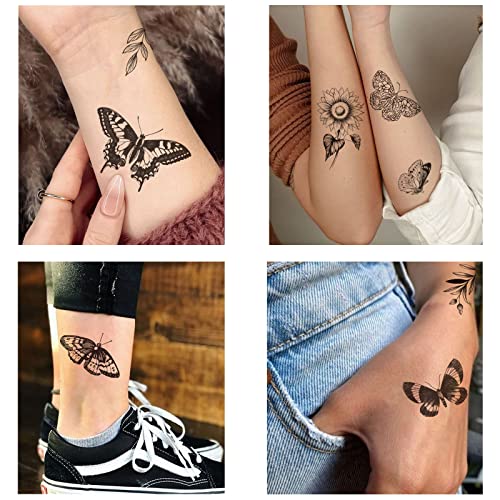 Tazimi Black Flower Butterfly Temporary Tattoos - 6 Sheets for Women & Girls
