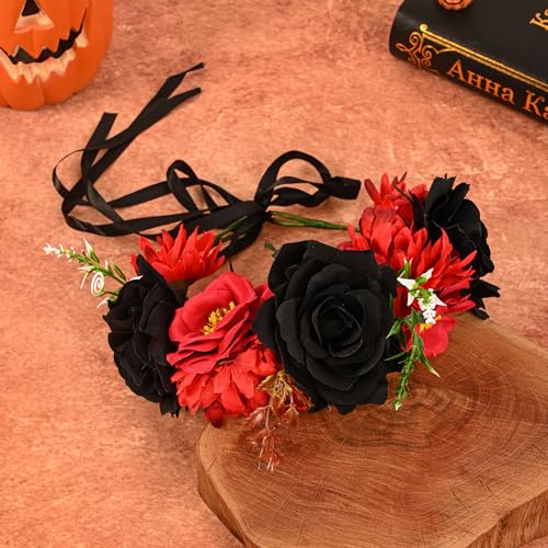 Day of the Dead Rose Flower Crown Headband - Red and Black Floral Headpiece