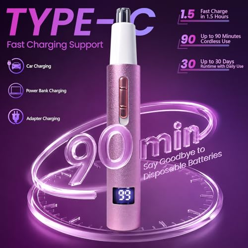 Nose & Ear Hair Trimmer for Women and Men, 2026 Painless USB Rechargeable Facial & Eyebrow Trimmer Clipper with LED Display for Easy Cleansing, Portable Grooming Kit,Gift Box Included (Purple)