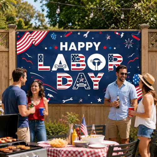 Happy Labor Day Banner Backdrop - 43.3x72.8 Inch Polyester Sign with Grommets & Rope for BBQ Party Decorations