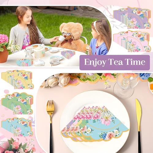 Floral Tea Party Napkins - 100 Pack Vintage Scalloped Paper Napkins