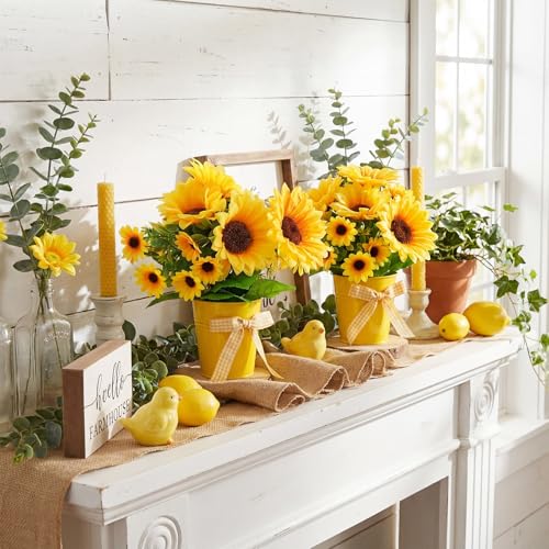 2 Pack Small Artificial Sunflower Potted Plants - Rustic Home Decor