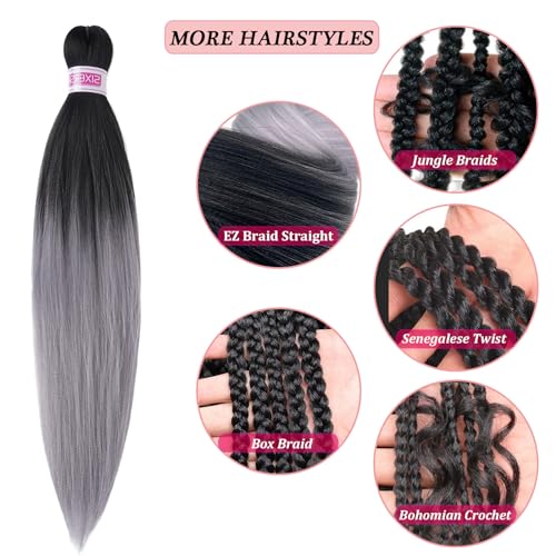 SIXERSI 26 Inch Grey Ombre Pre Stretched Braiding Hair Extensions Pack of 8 for Knotless Braid Styles