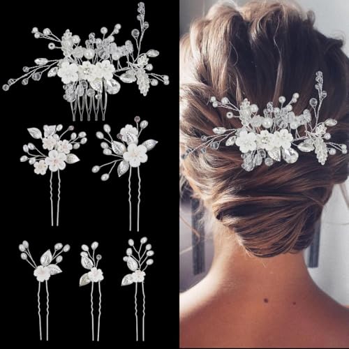 Silver 6 Pcs Bridal Flower Hair Pins with Crystal Pearls & Rhinestones
