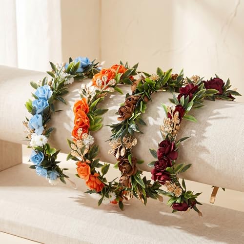 Red Rose Flower Headband - Artificial Fairy Elf Crown with Baby's Breath & Green Leaves