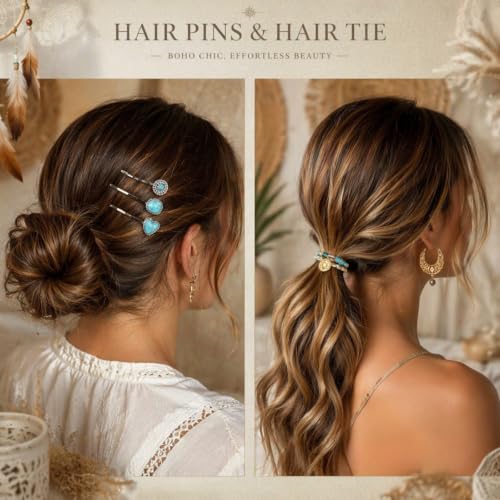 Boho Hair Clips and Ponytail Holders Set with Turquoise Beads - 12PCS