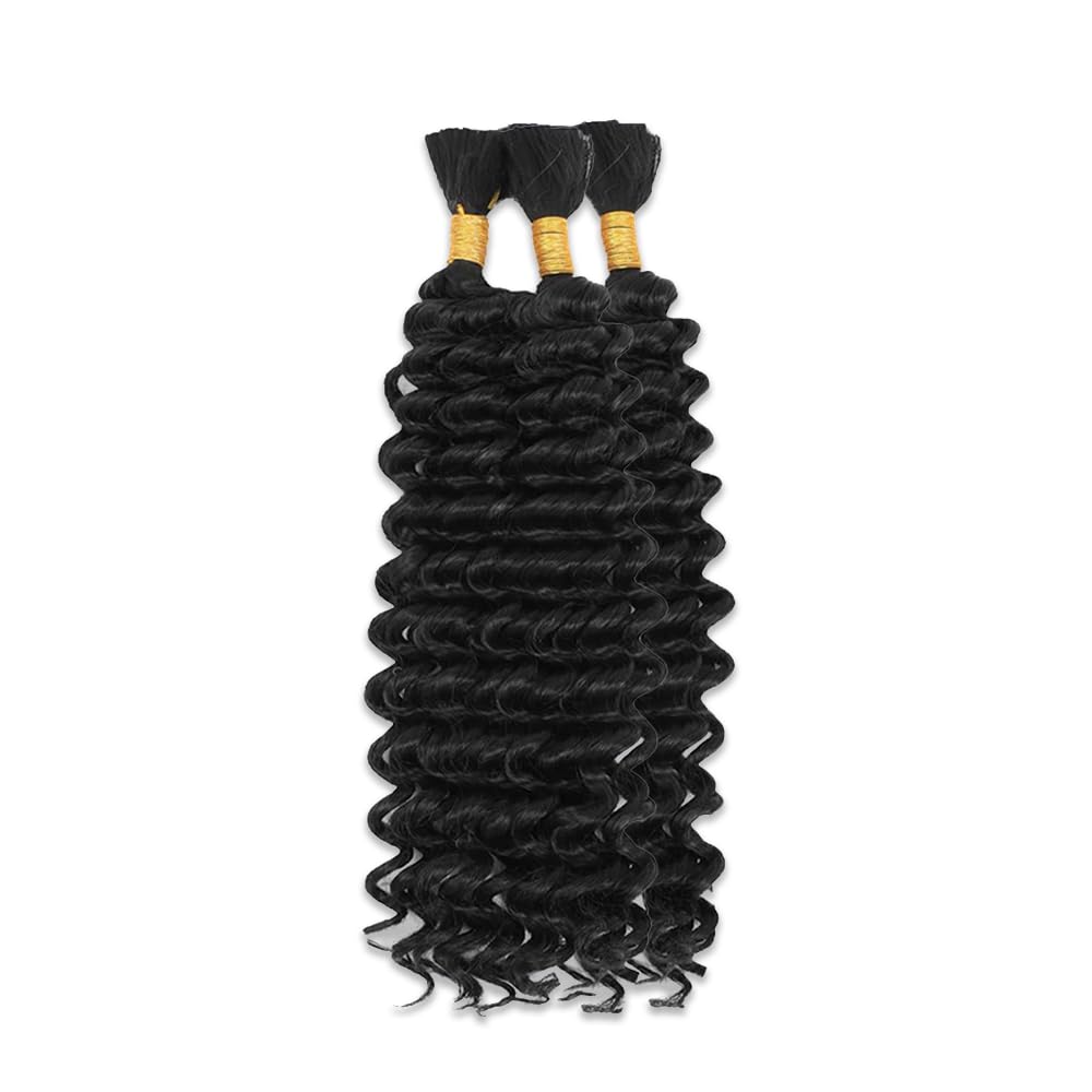 #1B Natural Color Human Hair Braiding Hair For Boho Braids 30 30 30 Inch Black Deep Wave Bulk Human Hair Unprocessed Brazilian Virgin Hair 3 Bundle 50 Gram Per Bundle No Weft Extensions
