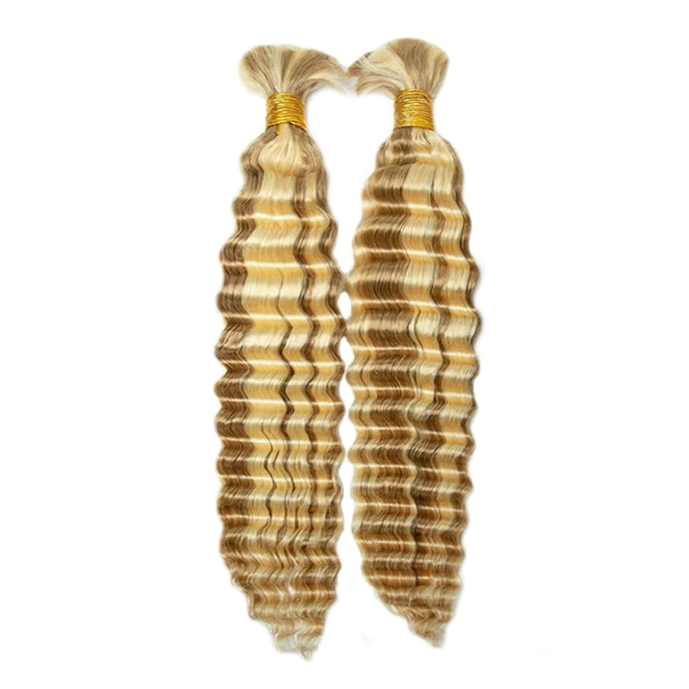 18 18 Inch P27/613 Blonde Human Braiding Hair for Boho Braids 2 Bundles 50g/Bundle Deep Water Bulk Human Hair Boho Braiding Honey Blonde Deep Wave No Weft Extensions Bohemian Braids