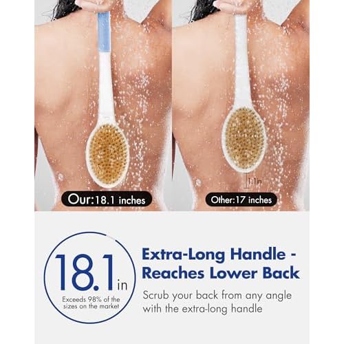 Back Scrubber Body Shower Brush: Anti Slip Long Handle Bath Brush with Stiff and Soft Bristles - Showering Exfoliator Wet or Dry Brushing for Women, Men, Elderly (Blue)