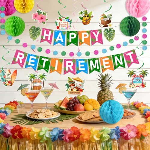 Tropical Hawaiian Retirement Party Decoration Kit - Happy Retirement Banner & Honeycomb Balls