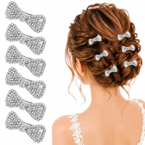 WILLBOND 6 Pcs Mini Rhinestone Hair Clips - Silver Bling Bow Barrettes for Women (Variation: Silver)