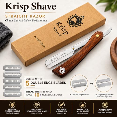 Krisp Shave Safety Straight Razor with Wooden Handle & 5 Double Edge Blades - Men Barber Tool