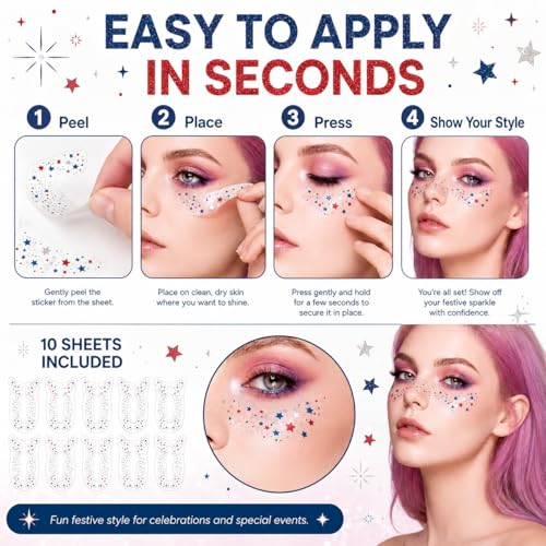 Patriotic Face Stickers - 10 Pcs Red White Blue Star Tattoos for Women