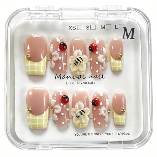 Medium Square Press-On Nails SQ603 - 3D Handmade Bee & Ladybug Design | 10 Pcs Reusable Acrylic