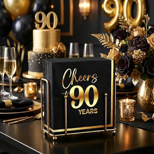Cheers to 90 Years - 50PCS Black & Gold 3-Ply Cocktail Napkins